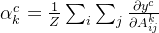 lpha {k}^{c} = rac{1}{Z}um{i}{}\sum_{j}{}rac{artial y^{c}}{artial A_{ij}^{k}}