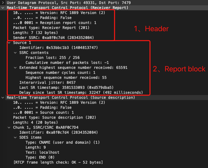 Receiver Report RTCP数据报文抓包
