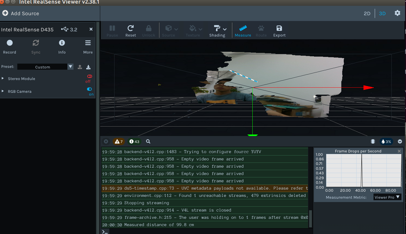 正确的相机界面,如图是三维空间中的rgb图,此外还可切换到深度图,或者二维平面图