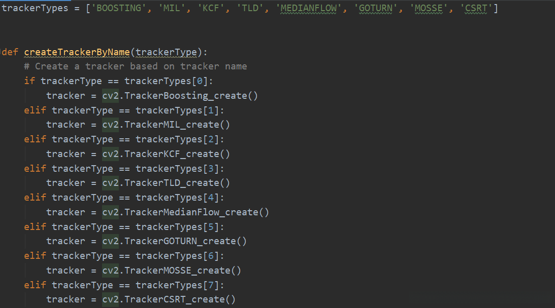 OpenCV 有八个不同的追踪器类型:BOOSTING, MTL, KCF, TLD, MEDIANFLOW, GOTURN, MOSSE, CSRT.