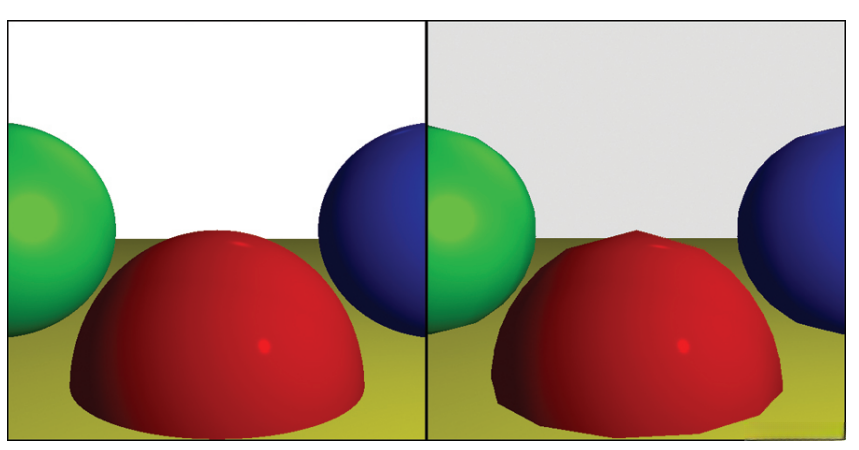 图 1：由本书开发的光线追踪器（左）和光栅器（右）渲染的简单场景。