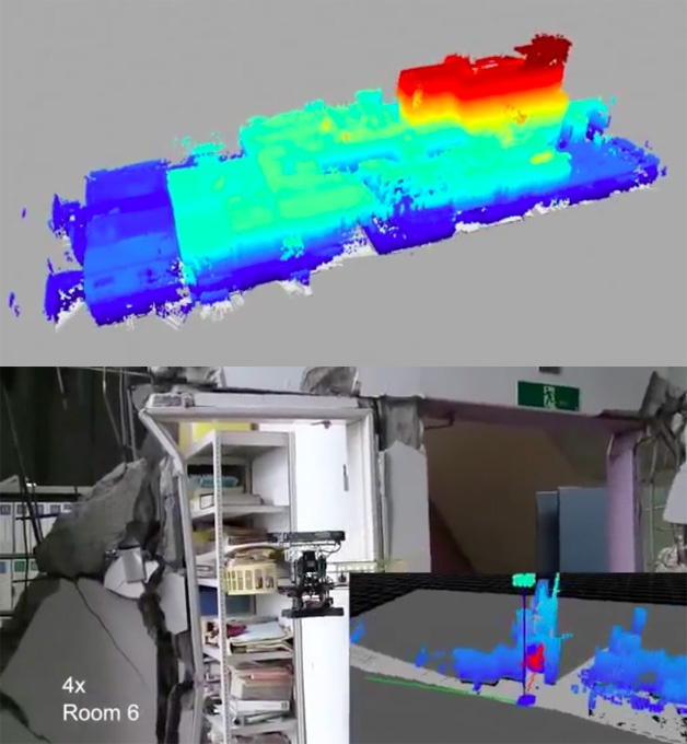图4 2011年在日本一所被地震震塌的房子内构建三维地图,为了节省 “体力”无人机由一台地面机器人载入房间,之后再进行飞行探测