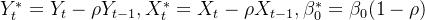 Y_t^=Y_t-ho Y_{t-1},X_t^=X_t-ho X_{t-1},eta _0^*= eta _0