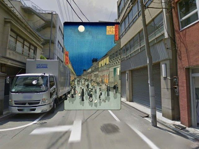 (歌川广重作品《名所江户百景》(1856),覆盖在东京浅草南面的建筑物上。该地区在 1923 年的关东大地震中被摧毁)