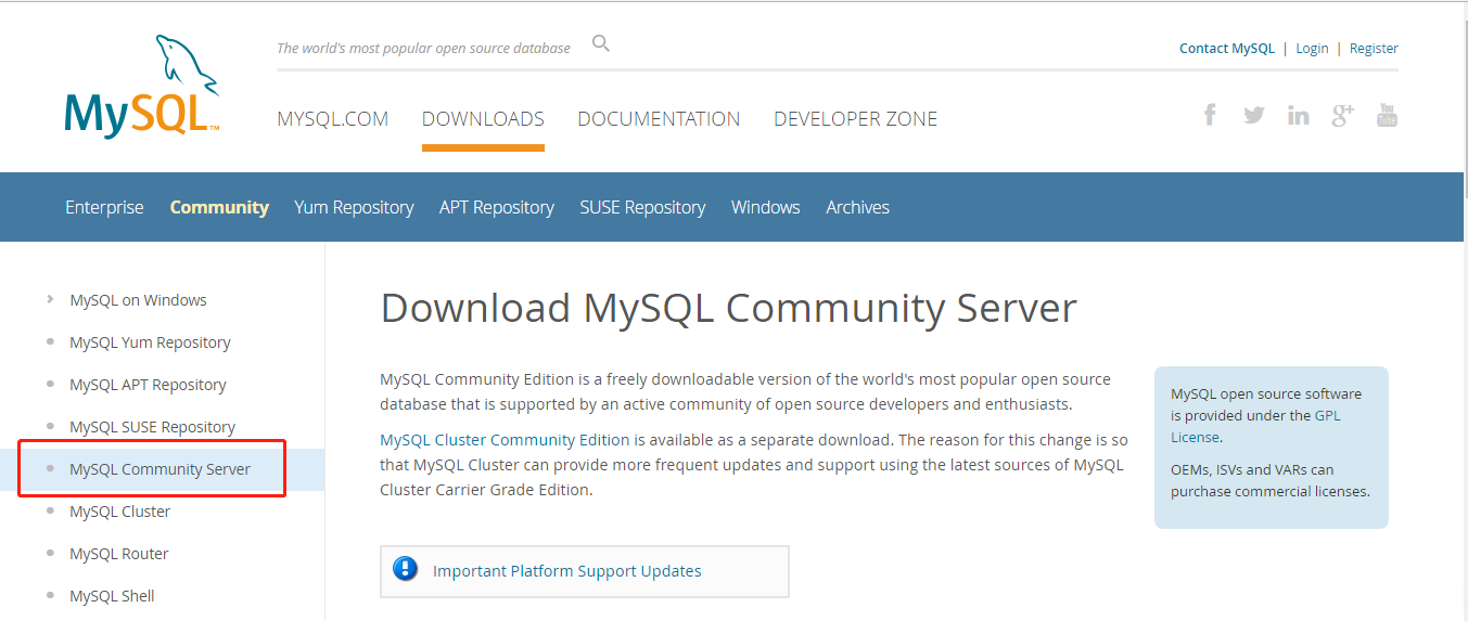 查看Community对应左侧下方选项,单击第四个“MySQL Community Server