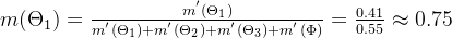 m=rac{m^{'}}{m^{'}+m^{'}+m^{'}+m^{'}}=rac{0.41}{0.55}pprox 0.75