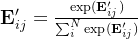 athbf{E}_{ij}{\prime}=\frac{\exp(\mathbf{E}_{ij}^{\prime})}{\sum_{i}{N}xp}
