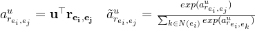 a_{r_{e_i,e_j}}{u}=\mathbf{u}{op} athbf r_{athbf e_{athbf i},athbf e_{athbf j}} uad ilde{ a}{r{e_i,e_j}}^{u}= rac{exp}{um_{k n N} exp}