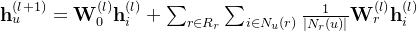 athbf h_{u}^{} = athbf W_{0}^{} athbf h_{i}^{} + um_{r n R_{r}} um_{i n N_{u}} rac{1}{eft | N_{r} ight|} athbf W_{r}^{} athbf h_{i}^{}