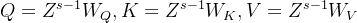 Q=Z{s-1}W_Q,K=Z{s-1}W_K,V=Z^{s-1}W_V