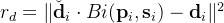 r_d=heck{athbf{d}}_idot Bi-athbf{d}_i^2