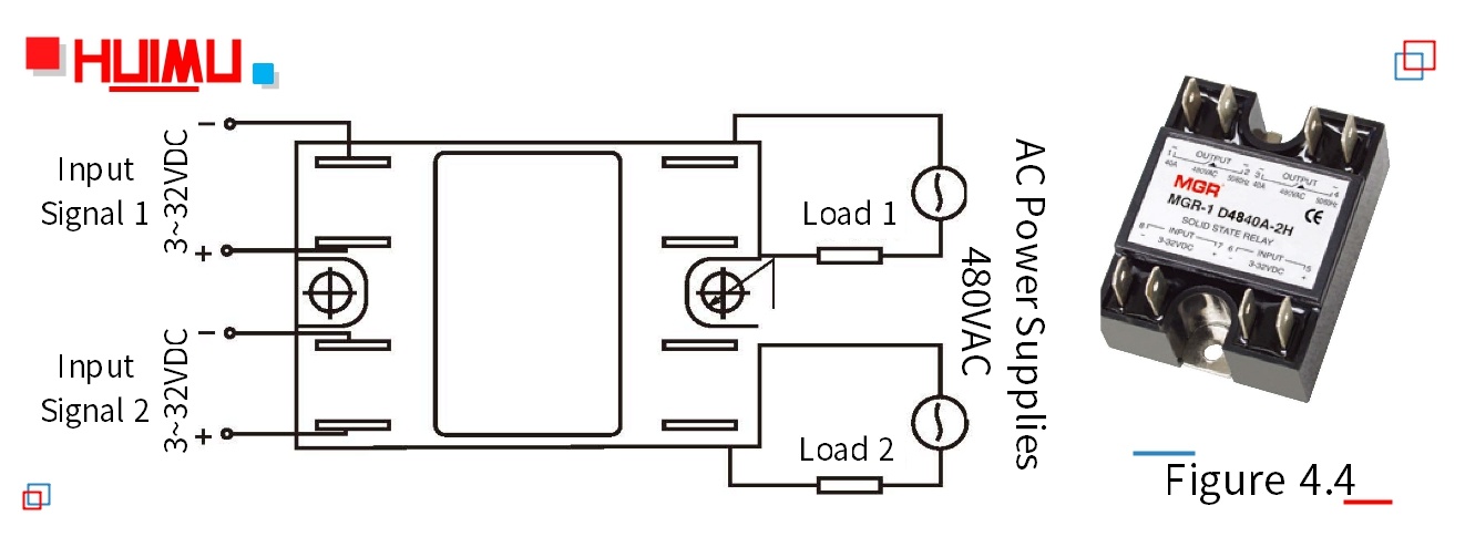 The picture and wiring diagram of single phase dual solid state relays