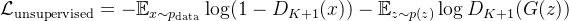 athcal{L}{ext{unsupervised}} = -athbb{E}{x im p_{ext{data}}} og - athbb{E}{z im p} og D{K+1}