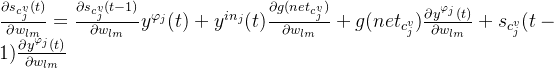 rac{artial s_{c_{j}^{v}}}{artial w_{lm}}=rac{artial s_{c_{j}^{v}}}{artial w_{lm}}y^{arphi {j}} +y^{in {j}} rac{artial g}{artial w{lm}} +grac{artial y^{arphi {j}}}{artial w{lm}} +s{c_{j}^{v}}rac{artial y^{arphi {j}}}{artial w{lm}}