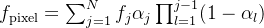 f_{ext{pixel}}=um_{j = 1}^{N} f_j lpha_j rod_{l = 1}^{j - 1}