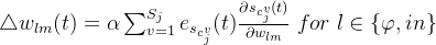 igtriangleup w_{lm}=lpha um_{v=1}^{S_{j}} e_{s_{c_{j}^{v}}}rac{artial s_{c_{j}^{v}}}{artial w_{lm}} for  ln arphi,in