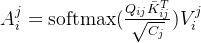 Aj_i=\mathrm{softmax}(\frac{Q_{ij}\bar{K}_{ij}^{T}}{\sqrt{C_{j}}})Vj_i