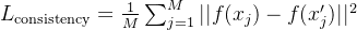 L_{ext{consistency}} = rac{1}{M} um_{j=1}^M ||f - f||^2