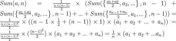 Sum=rac{1}{rac{nimes }{2}}imes +Sum+...+Sum=rac{1}{rac{nimes ^2}{2}}imes imes 1imes =rac{1}{rac{nimes ^2}{2}}imes ^2}{2}imes =rac{1}{n}imes